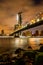 View of Manhattan skyline and Brookyn bridge from Brooklyn side after sunset , New york city