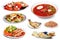 View of many plates with different food over white background