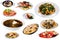 View of many plates with different food over white background