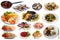 View of many plates with tasty food over white background