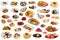 View of many plates with tasty food over white background