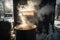 view of maple sap evaporator, with steam rising and visible proof of the sweet syrup being made