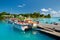 View of the marina of boats in beautiful sunny day, La Passe, La Digue Island, Seychelles.