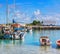 View of the marina of boats in beautiful sunny morning , La Passe, La Digue Island, Seychelles