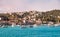 View on marine in Bosporus Strait with boats and ships before hilly residential blocks of Bebek neighborhood behind