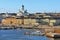 View of Market square, Allas Sea Pool and Lutheran Helsinki Cathedral Tuomiokirkko in early spring. Helsinki, Suom