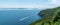 View from the Marmara island over seeing a green hill and a boat in Marmara sea, Turkey