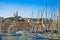 View of Marseille harbor with the famous church of Notre Dame de la Garde on background Europe-France