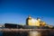 View of a Massive russian nuclear-powered icebreaker, diesel-powered ice-breaker ship in a port harbor, summer sunny day