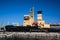 View of a Massive russian nuclear-powered icebreaker, diesel-powered ice-breaker ship in a port harbor, summer sunny day