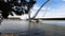 View of the Matagarup bridge on the Swan River in Perth with black swans in the water, camera panning horizontally