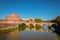 View Mausoleum of Hadrian, Castel Sant`Angelo, next to the Tiber river in Rome City with green trees