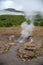 View of a Meadow with Steaming Hot Springs, Haukadalur Valley,