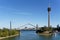 View from the Medienhafen DÃ¼sseldorf to the television tower and the Rhine bridges