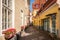 View of the medieval, cobbled, historic street in Old Town Estonia