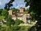 View of medieval construction in the lower town of Fribourg. Towers of the Bern Gate