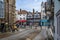 View of medieval half timbered house, now Crew Clothing Shop, from Fish Row, Salisbury, Wiltshire, UK