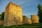 A view of the medieval Izborsk fortress walls and towers in suns