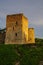 A view of the medieval Izborsk fortress walls and towers in suns