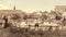 View of the medieval town beyond the pinion wall. Retro Style.