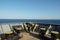 View on the Mediterranean Sea from forward mooring station on bow of the cargo container ship.