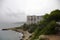 View of Mediterranean sea shore with beach and hotel