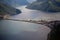 View of Melide Dam Ponte diga di Melide from San Salvatore mountain, Lugano, Ticino, Switzerland