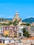 View of Messina on Sicily island, Italy. Votive Temple of Christ the King or Tempio di Cristo Re on hill over town as