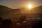 View of the Mestia village at sunrise. Upper Svaneti, Georgia.