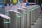 View on metro station ticket barriers with green light for entry. Moscow metro station. Station entrance tourniquet green light to