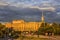 View of the Mikhailovsky Engineering castle from the side of the field of Mars at sunset. Saint Petersburg