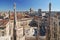 View of Milan skyline spires and statues from the top of Milan Cathedral, Italy