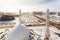 View from the minaret of the Mosque Hazrat Sultan at Independence Square with Palace of Shabyt and Monument in Astana, Kazakhstan.