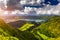 View from Miradouro da Boca do Inferno to Sete Citades, Azores, Portugal. A path leading to viewpoint Miradouro da Boca do Inferno