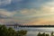 View of the Mississippi River with the Vicksburg Bridge on the background at sunset