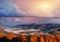 View of misty fog mountains in autumn, Carpathians, Ukraine