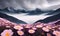 View of misty mountains from a flower meadow. Generative AI