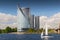 View on modern building of Swedbank and new tower buildings on the left bank of Daugava river in Riga, Latvia