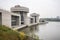 view of a modern hydroelectric power plant with sleek turbines and streamlined design