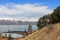 View of the modern monastery built on a peninsula near Lake Sevan overlooking the snow-capped mountains. Armenia