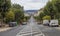 View of a modern street in Santiago de Compostela, the final destination of the pilgrimage Camino de Santiago. Galicia, Spain.