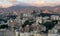 view on montalto chruch at sunrise at messina harbor, view on city center, italy