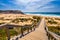View of the Monte Clerigo beach on the western coastline of Portugal, Algarve. Stairs to beach Praia Monte Clerigo near Aljezur,