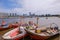 The view of Montevideo skyline from Buceo Port Pier Harbor crowed of small fishing boats and ships, Montevideo Uruguay