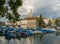 View of moored boats on Limmat river in Zurich, Switzerland