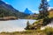 View of Moosjisee lake and Matterhorn mountain at summer on the Five Lakes Trail in Zermatt, Switzerland