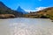 View of Moosjisee lake and Matterhorn mountain at summer on the Five Lakes Trail in Zermatt, Switzerland