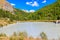 View of Moosjisee lake and the Swiss Alps at summer on the Five Lakes Trail in Zermatt, Switzerland