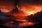 view of mordor landscape, with the fiery glow of mount doom in the distance