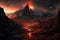 view of mordor landscape, with the fiery glow of mount doom in the distance